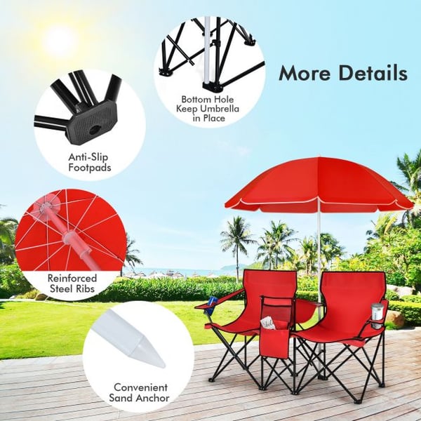 Foldbar picnicstol, bærbar dobbelt picnicstol med paraply, 160×56×118 cm, grå/blå , Star