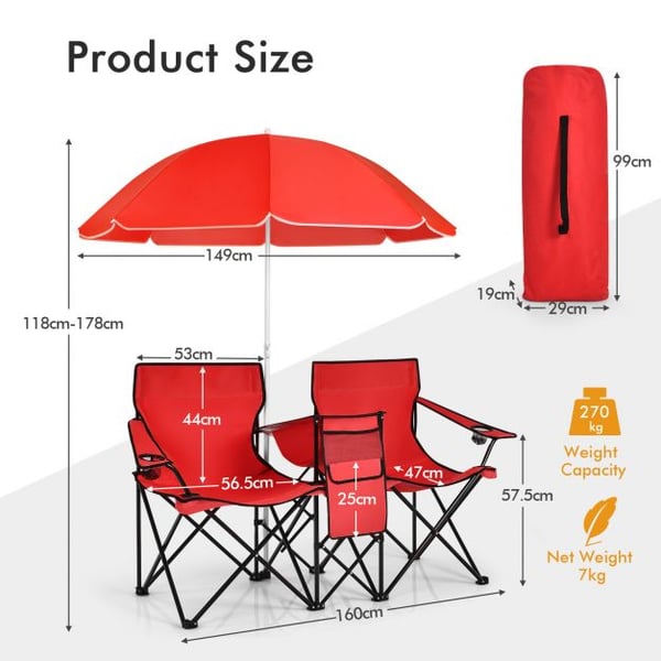 Foldbar picnicstol, bærbar dobbelt picnicstol med paraply, 160×56×118 cm, grå/blå , Star