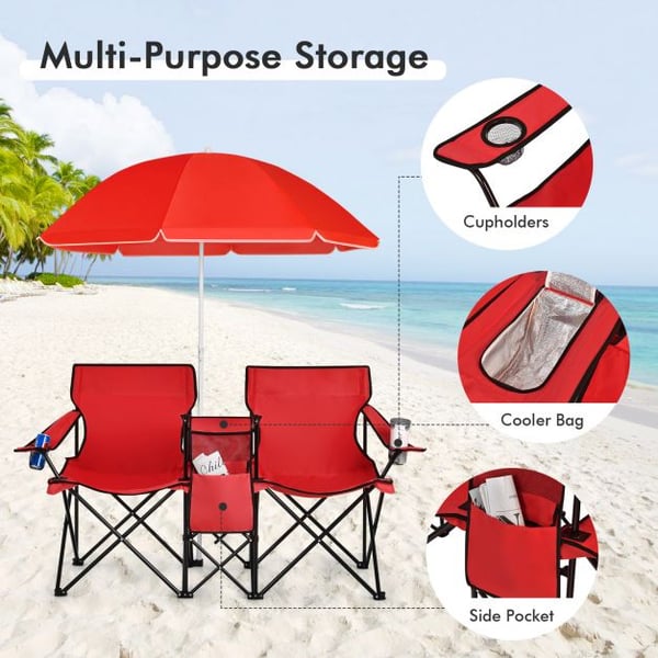 Foldbar picnicstol, bærbar dobbelt picnicstol med paraply, 160×56×118 cm, grå/blå , Star