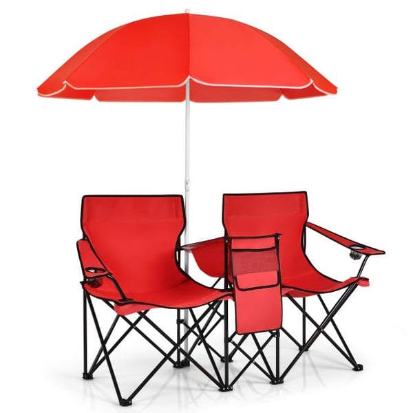 Foldbar picnicstol, bærbar dobbelt picnicstol med paraply, 160×56×118 cm, grå/blå , Star
