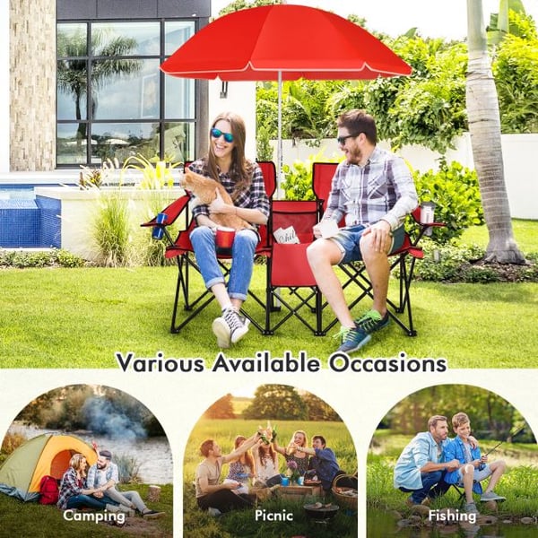 Foldbar picnicstol, bærbar dobbelt picnicstol med paraply, 160×56×118 cm, grå/blå , Star