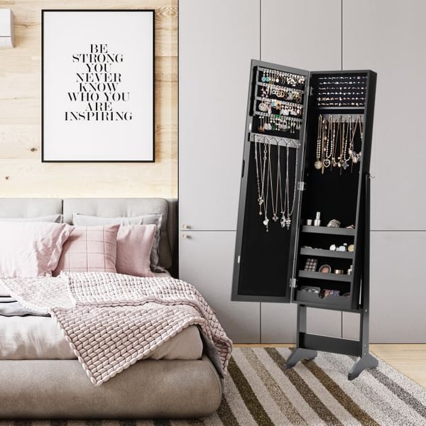 Smykkeskab, Nyt Spejlet Smykkeskab Armoire Spejl Organizer Opbevaringsboks Ring m/ Stativ, 33×368×142 cm, Sort , Star