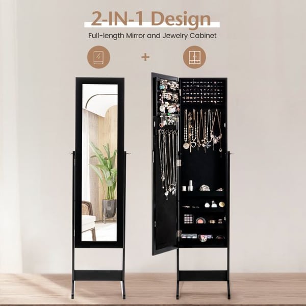 Smykkeskab, Nyt Spejlet Smykkeskab Armoire Spejl Organizer Opbevaringsboks Ring m/ Stativ, 33×368×142 cm, Sort , Star