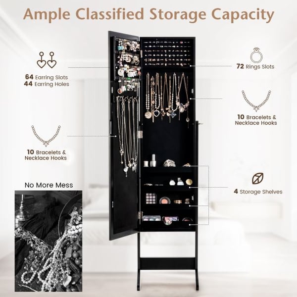 Smykkeskab, Nyt Spejlet Smykkeskab Armoire Spejl Organizer Opbevaringsboks Ring m/ Stativ, 33×368×142 cm, Sort , Star