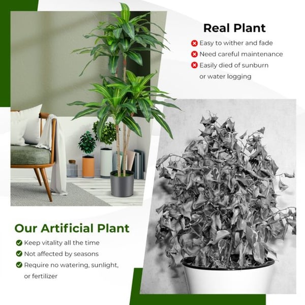 Falsk plante, 140 cm høj falsk dracaena plante med 92 blade og indbygget cementpotte, 140 cm, grøn , Star