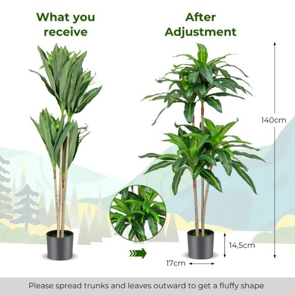Falsk plante, 140 cm høj falsk dracaena plante med 92 blade og indbygget cementpotte, 140 cm, grøn , Star