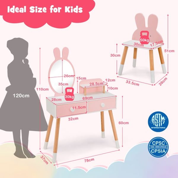 Sminkebord, Prinsesse Makeup Sminkebord med Spejl, 78x37x110 cm, Pink/Hvid , Star