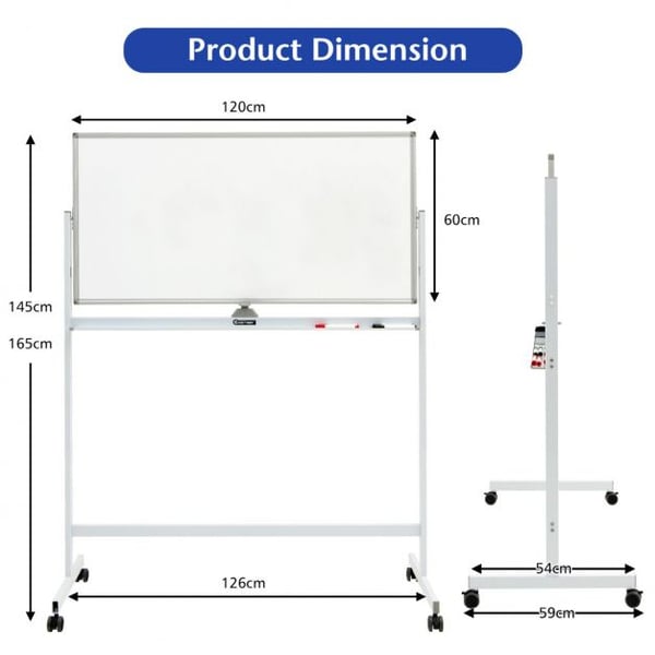 Dobbeltsidet Magnetisk Mobil Whiteboard, 120x60 cm, Hvid , Star