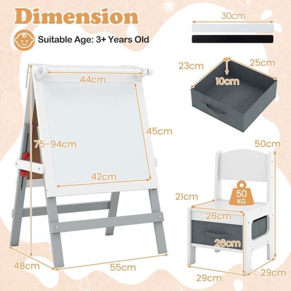 Lasten piirustusteline ja tuolisetti, 55x48x75-94 cm, harmaa , Star