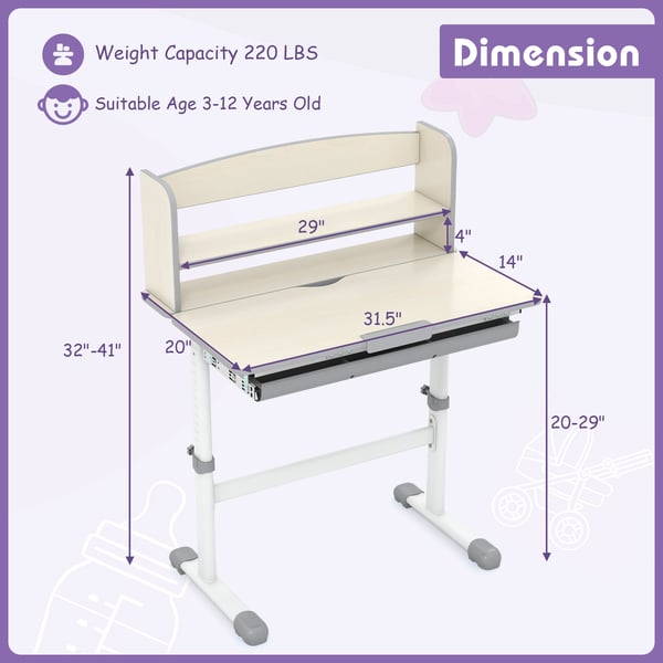 Lasten opiskelupöytä, 31,5x20x32"-41", Harmaa , Star