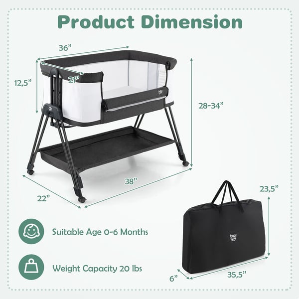 Transportabel babykrybbe, 97x56x71.5-86.5 cm, Grå + Hvid , Star