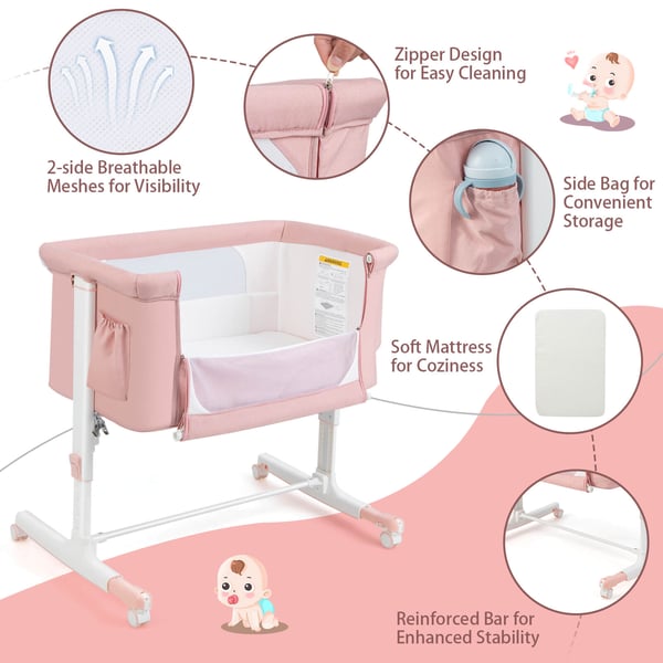 Baby Bedside Bassinet, 86×64×81 cm, Pink , Star