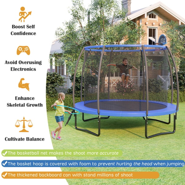 Trampolin, 8/10 Fod Fritidstrampolin med Basketballkurv-10 ft, 8 ft x 8 ft x 8 ft, Blå Sort , Star