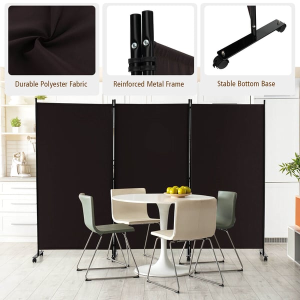 Rumsdeler, 3-panel foldbar rumsdeler med låsbare hjul, 262×30×180 cm, Brun , Star