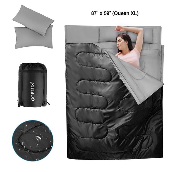 Sovepose, 2 Personers Vandtæt Sovepose med 2 Puder, 220x150x10 cm, Sort/Blå , Star