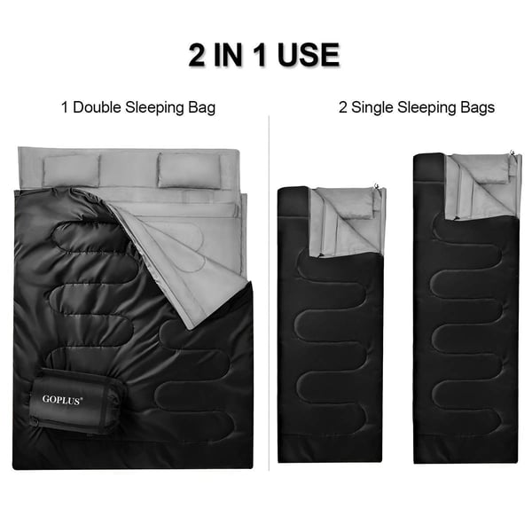Sovepose, 2 Personers Vandtæt Sovepose med 2 Puder, 220x150x10 cm, Sort/Blå , Star