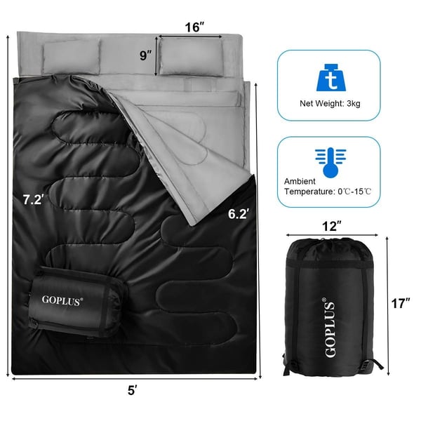 Sovepose, 2 Personers Vandtæt Sovepose med 2 Puder, 220x150x10 cm, Sort/Blå , Star