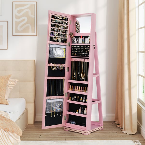 Smykkeskab, 360° roterbart 2-i-1 med lås, 38,1x38,1x161,3 cm, pink , Star