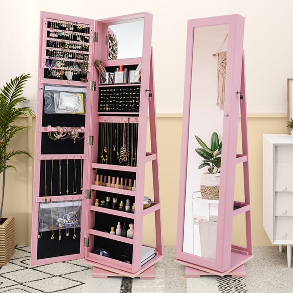 Smykkeskab, 360° roterbart 2-i-1 med lås, 38,1x38,1x161,3 cm, pink , Star