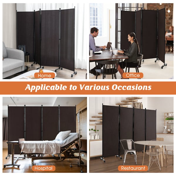 Rumsdeler, 4-panel foldbar rumsdeler 6 fod rullende privatlivsskærm med låsbare hjul, 226×30×173 cm, Brun , Star