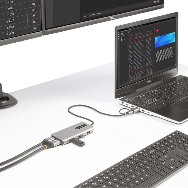 StarTech.com USB-C -moniporttisovitin, jossa kiinteä USB-C–USB-A-dongle, kaksi HDMI-liitäntää (4K30Hz/1080p60Hz)