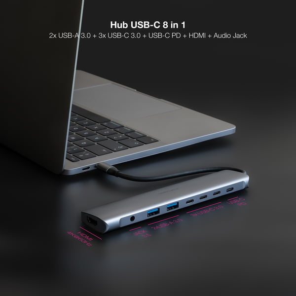 Nanocable 10.16.4608 kannettavien tietokoneiden telakka ja porttitoistin Langallinen USB 3.2 Gen 1 (3.1 Gen 1) Type-C Harmaa