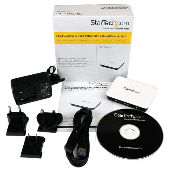 StarTech.com USB 3.0 till nätverksadapter för Gigabit Ethernet-nätverkskort med hubb med 3 portar - Vit