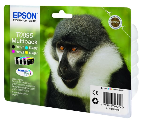 Epson Monkey T0895 Apina DURABrite Ultra, moniväripakkaus, 4 väriä