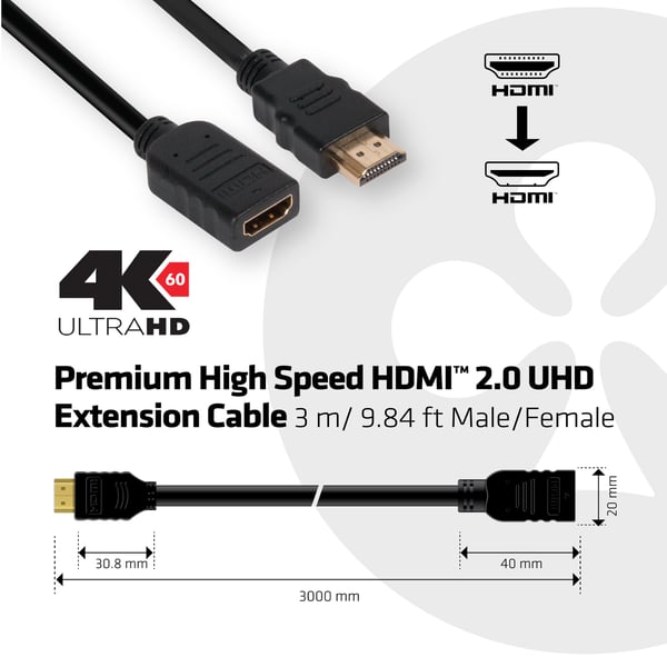 CLUB3D High Speed HDMI™ 2.0 4K60Hz Extension Cable 3m/ 9.8ft Male/Female