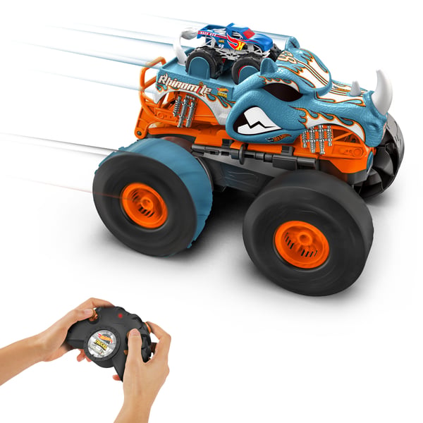 Hot Wheels Monster Trucks HW Transforming Rhinomite RC i skala 1:12 med leksaksbil i skala 1:64