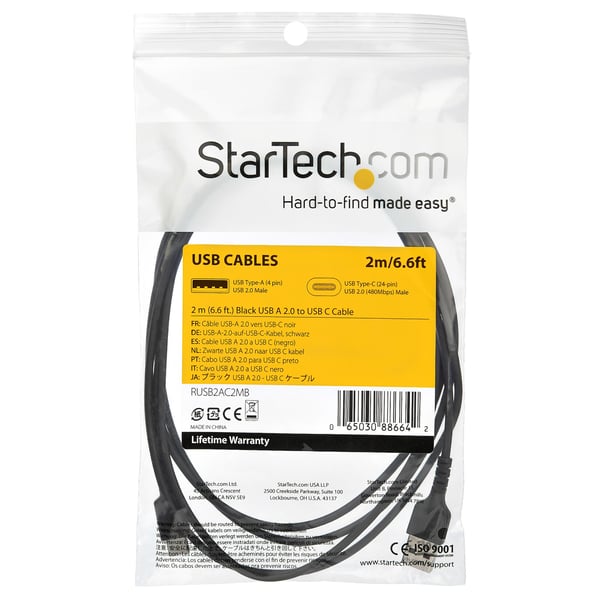StarTech.com RUSB2AC2MB USB-kabel USB 2.0 2 m USB A USB C 0,48 Gbit/sek. 60 W Sort
