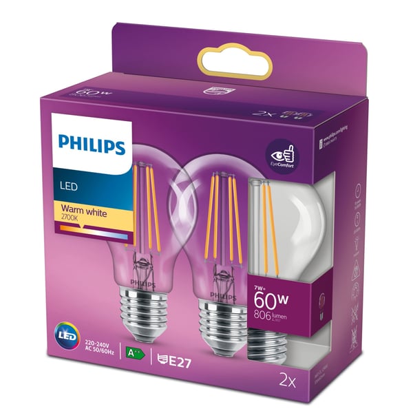 Philips Filament pære, klar 60 W A60 E27 x 2