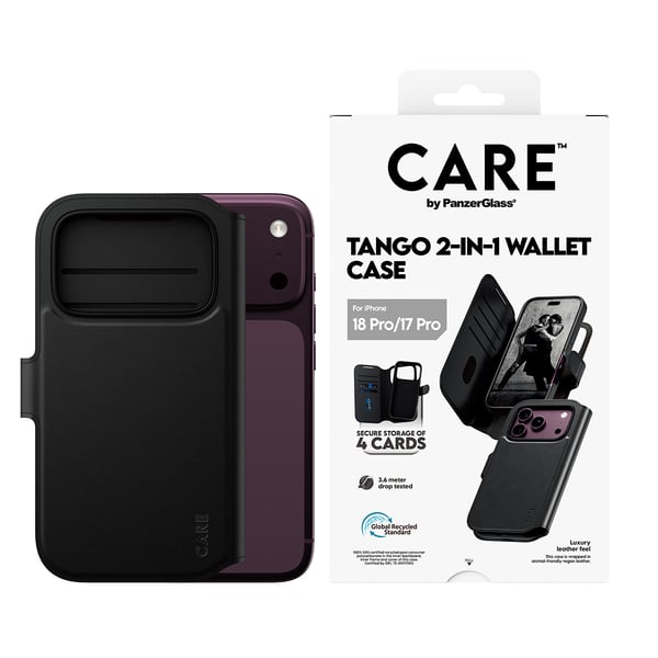 PanzerGlass CARE™ by ® Tango 2-in-1 Wallet Case Black w. MagSafe iPhone 2026 Pro | 17 Pro mobiltelefonfodral Mobilskal Transparent