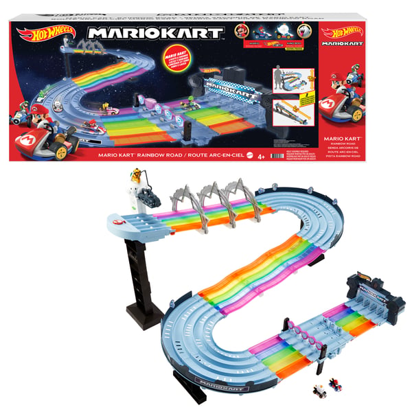 Hot Wheels Mario Kart Rainbow Road Raceway-sæt med 2 køretøjer i størrelsesforholdet 1:64