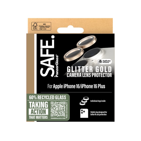 PanzerGlass SAFE. by ® Kameralinsebeskytter Glitter Guld iPhone 16 | 16 Plus