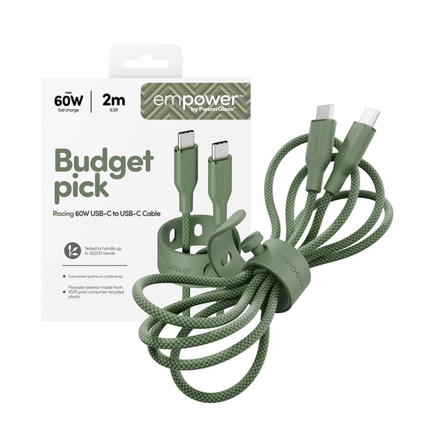 PanzerGlass empower™ by ® Racing 60W USB-C to USB-C Cable | USB 2.0 | 2M | Sage USB-kablar Grön