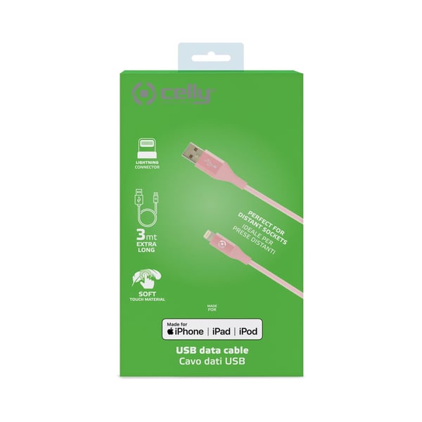 Celly USBLIGHTCOL3MPK Lightning kabel 3 m Lyserød