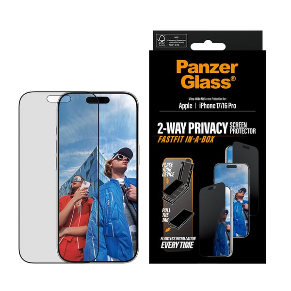 PanzerGlass ® 2-Way Privacy Screen Protector iPhone 17 | iPhone 16 Pro | Ultra-Wide Fit w. Fastfit in-a-box Genomskinligt skärmskydd Apple 1 styck