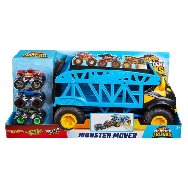 Hot Wheels Monster Trucks , MONSTERTRANSPORTLASTBIL + 3 MONSTERTRUCKS, køretøjspakke