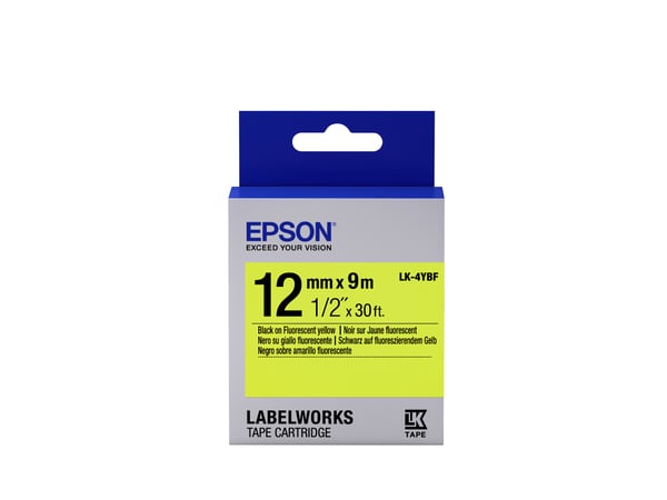 Epson etikettkassett fluorescerande – LK-4YBF fluor svart/gul 12/9