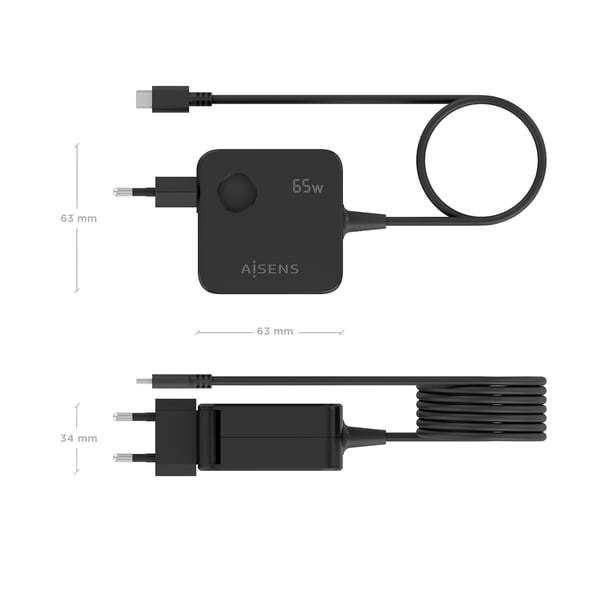 AISENS ASCH-1PD65WL85-BK mobiililaitteen laturi Matkapuhelin, Älypuhelin, Digitaalikamera, Universaali, Tabletti Musta AC Pikalataus Sisätila