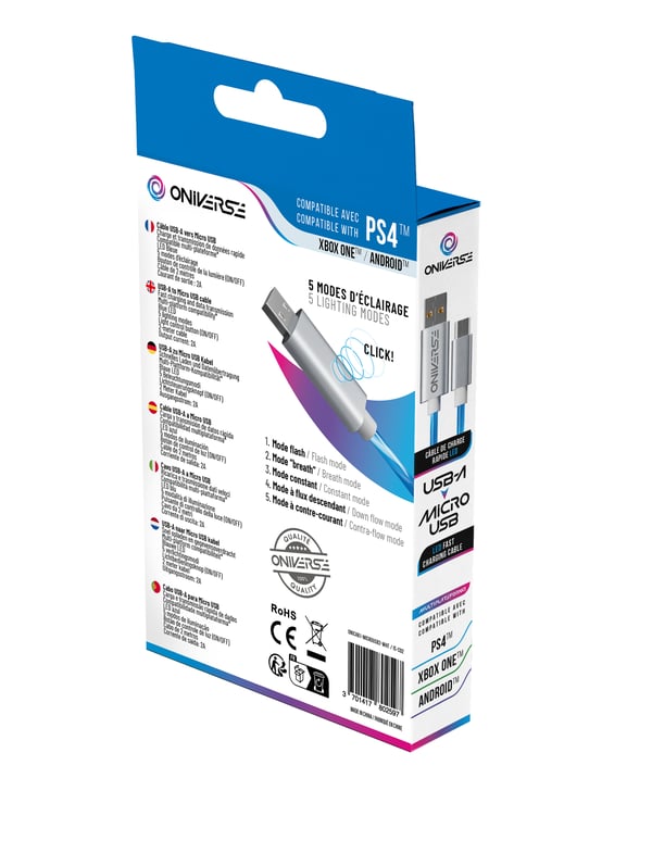 Oniverse ONICAB1-MICUSB2-WHT USB-kabel 2 m USB A Micro-USB B Blå, Sølv