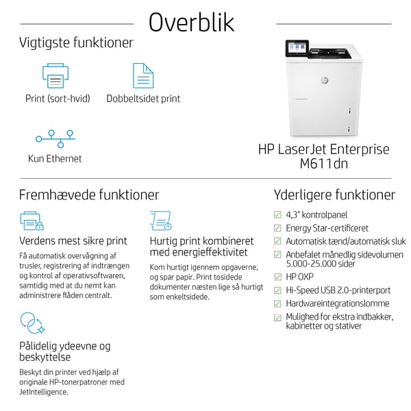 HP LaserJet Enterprise M611dn Sort og hvid Printer, Kun ethernet; Dupleks