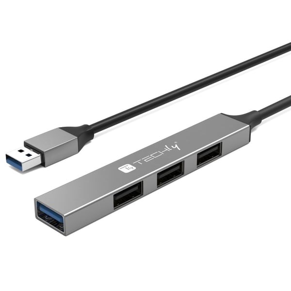 Techly USB-A 3.2 -keskitin, 4 ohutta metallista USB-A-porttia