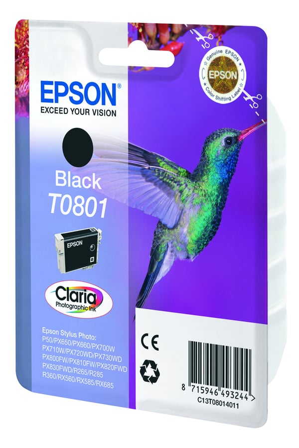 Epson Hummingbird Yksittäispakkaus, musta T0801 Claria Photographic -muste