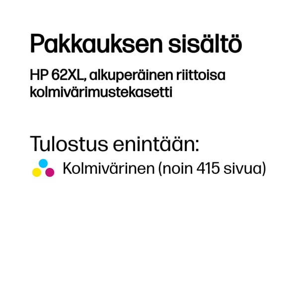 HP 62XL, alkuperäinen riittoisa kolmivärimustekasetti