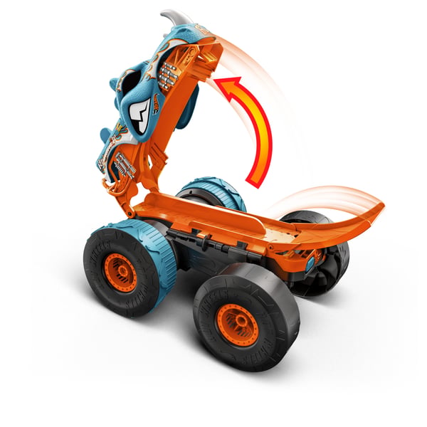 Hot Wheels Monster Trucks HW Transforming Rhinomite RC i skala 1:12 med leksaksbil i skala 1:64
