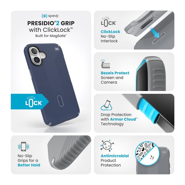 Speck Presidio2 Grip ClickLock & MagSafe til iPhone 16 Plus marineblå