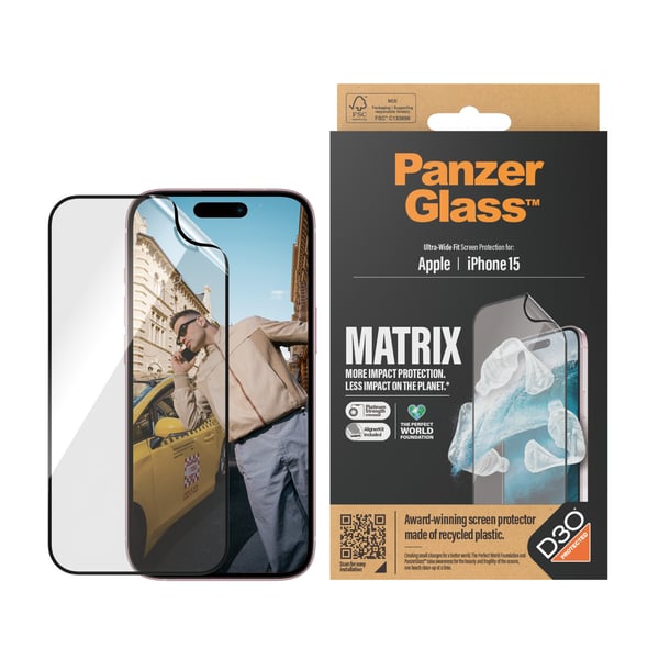 PanzerGlass ® ECO MATRIX Screen Protector with D3O® iPhone 15 | Ultra-Wide Fit w. AlignerKit Genomskinligt skärmskydd Apple 1 styck