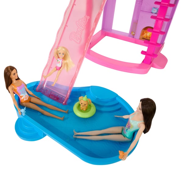 Barbie Dreamhouse-dockhus, 2 pooler, 2 rutschkanor, 2 hus, hiss med 3 våningar och över 65 delar, inklusive möbler och tillbehör
